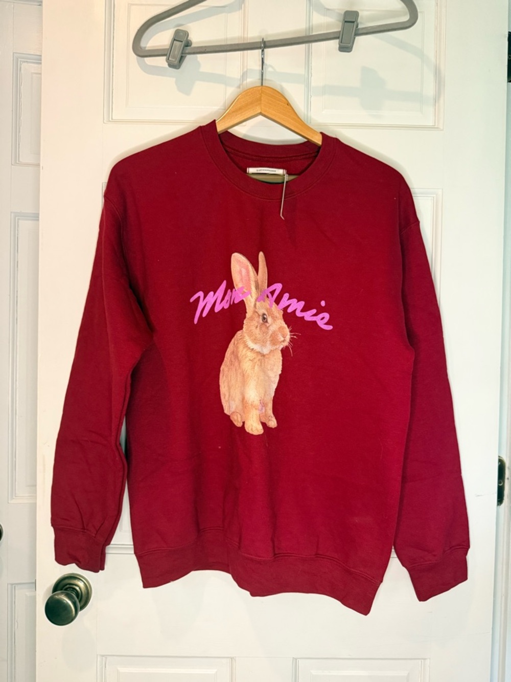 Mon Amie Bunny Graphic Sweatshirt - Burgundy with Pink Script
